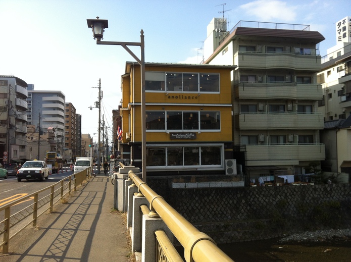 七条橋西側の黄色いビル。